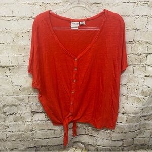Rachel Zoe Orange 100% Linen V Neck Tie Waist Button Up Top